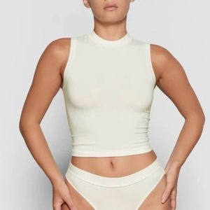 SKIMS Stretch Cotton Jersey Mock Neck Top Cropped Size XS Bone Cream NEW